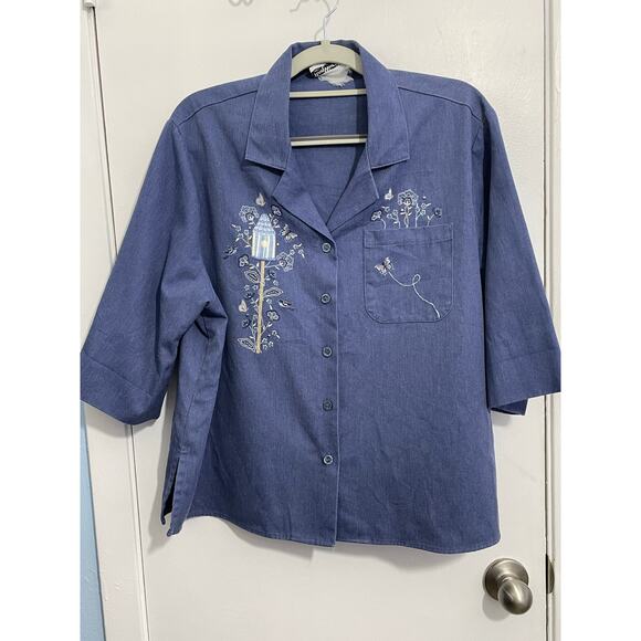 Vintage Bonworth Shacket XXL Blue Embroidered Birdhouse Floral Boho 3/4 Sleeves - Picture 1 of 7